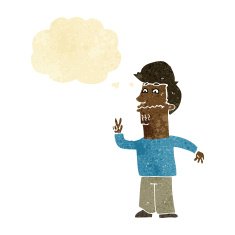 cartoon man giving peace sign with thought bubble N3