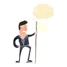 cartoon man planting flag with thought bubble