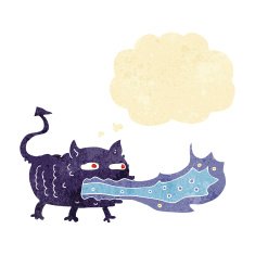 cartoon fire breathing imp with thought bubble N2