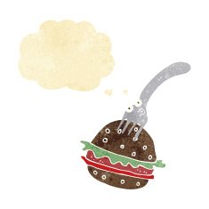 cartoon fork and burger with thought bubble