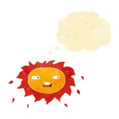 cartoon sad sun with thought bubble