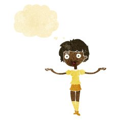 cartoon woman spreading arms with thought bubble