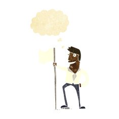 cartoon man planting flag with thought bubble N2