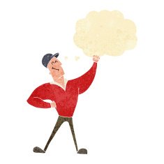 cartoon man striking heroic pose with thought bubble