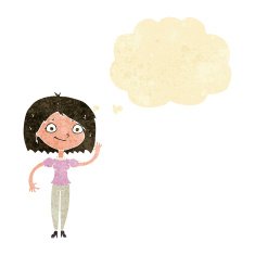 cartoon woman waving with thought bubble N50