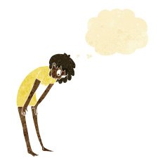 cartoon woman looking at her feet with thought bubble N2
