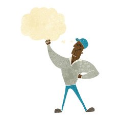 cartoon man striking heroic pose with thought bubble N2