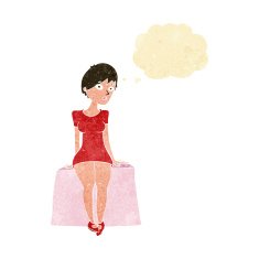 cartoon curious woman sitting with thought bubble