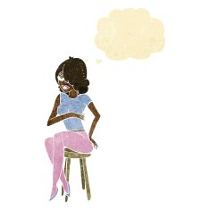 cartoon woman sitting on bar stool with thought bubble
