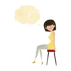 cartoon woman sitting on stool with thought bubble