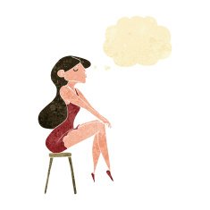 cartoon woman sitting on stool with thought bubble N2