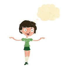 cartoon woman spreading arms with thought bubble N2