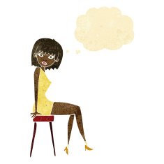 cartoon woman sitting on stool with thought bubble N3