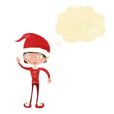 cartoon waving christmas elf with thought bubble N2