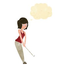 cartoon woman playing golf with thought bubble N4