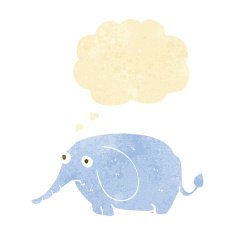 cartoon sad little elephant with thought bubble N2