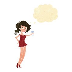cartoon woman at party with thought bubble N3