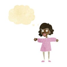 cartoon nervous woman with thought bubble