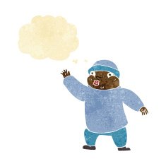 cartoon man in hat waving with thought bubble N2