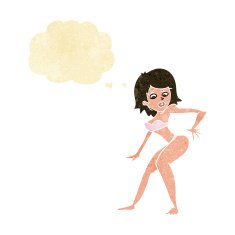 cartoon woman in bikini with thought bubble N5