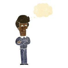 cartoon annoyed man with thought bubble N7