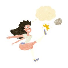 cartoon female soccer player kicking ball with thought bubble