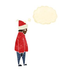cartoon person in winter clothes with thought bubble
