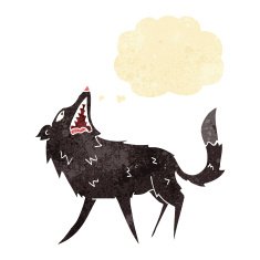 cartoon snapping wolf with thought bubble