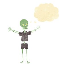 cartoon skeleton in clothes with thought bubble