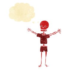 cartoon skeleton in clothes with thought bubble N2