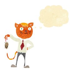 cartoon business cat with dead mouse thought bubble N2