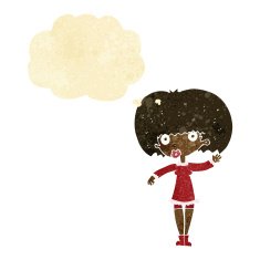 cartoon waving girl with thought bubble