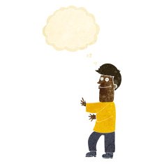 cartoon man gesturing with thought bubble