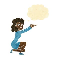 cartoon woman presentation gesture with thought bubble N2