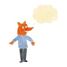 cartoon happy fox man with thought bubble N3