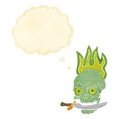 cartoon pirate skull with knife in teeth thought bubble N2