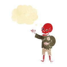cartoon skeleton waving with thought bubble N2