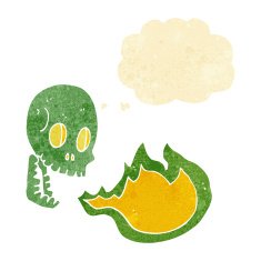 cartoon fire breathing skull with thought bubble