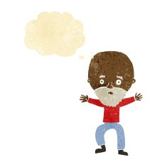 cartoon panicking old man with thought bubble