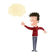 cartoon happy boy waving with thought bubble N4
