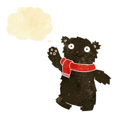 cartoon teddy bear wearing scarf with thought bubble N2