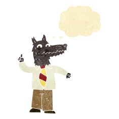 cartoon business wolf with idea thought bubble