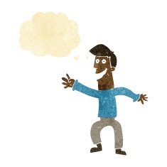 cartoon happy man dancing with thought bubble N8