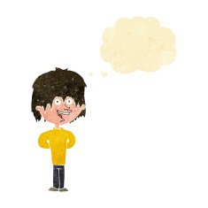 cartoon happy scruffy boy with thought bubble