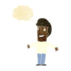 cartoon grining man with open arms thought bubble