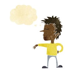 cartoon man making camp gesture with thought bubble N3