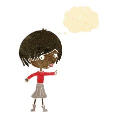 cartoon woman raising eyebrow with thought bubble N3