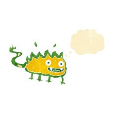 cartoon little fire demon with thought bubble N3