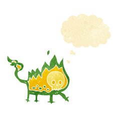 cartoon little fire demon with thought bubble N4