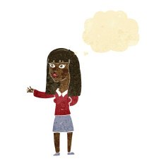 cartoon woman gesturing to show something with thought bubble N3